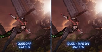 Stellar Blade PC comparison image showing DLSS Off vs DLSS On with Multi Frame Generation enabled, h