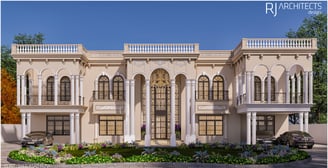 Neoclassical mansion 3D rendering with grand entrance and arched windows