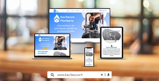 Mockup de présentation du site vitrine fictif Eau' Secure, plombier professionnel