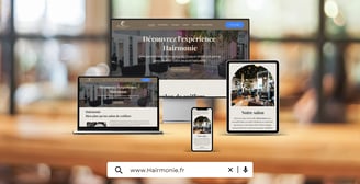 Mockup de présentation du site vitrine fictif Hairmonie, salon de coiffure.