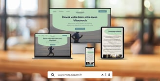 Mockup de présentation du site vitrine fictif Vitacoach, coach sportif et bien-être personnel