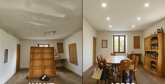Plafond tendu blanc mat et spots intégrés dans salle à manger