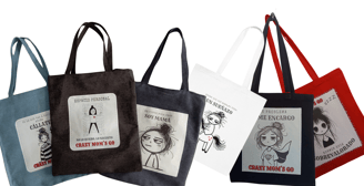 a group of three tote bags with a drawing of a woman's face