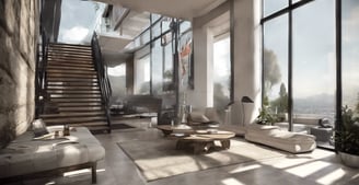 a living room with a staircase leading to a staircase