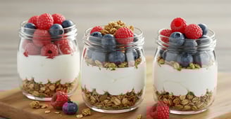Three glass jars with layered yogurt parfaits, featuring granola, creamy yogurt, and fresh blueberries and raspberries on top