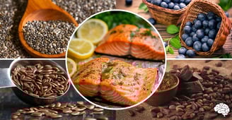 Collage de alimentos saludables para el cerebro: semillas de chía, salmón, arándanos, semillas de li