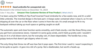 5 star review of Tumella Flip-proof Travel Umbrella about the no-drip design, auto close and open