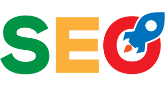 SEO logo with green, yellow, and red letters and a blue rocket meaning search engine optimization