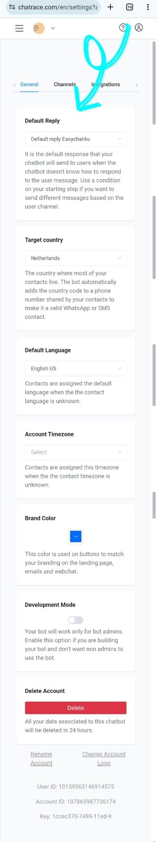 Settings standaard antwoord chatbot 
