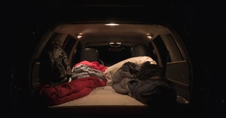 Glamping in Norway in a rental van and keeping warm with sleeping bags.