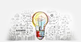 A colorful pencil art of a bulb surrounded by business ideas