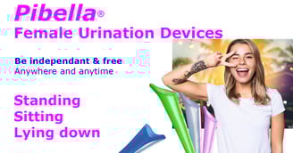 Pibella female urination devices (FUD) for standing, sitting, and lying down.