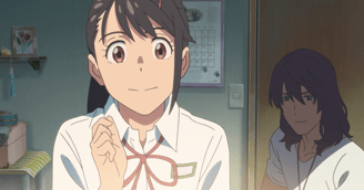 screenshot from suzume, suzume smiles while souta looks happy in the background