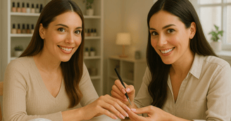 Dos mujeres mirando fijo a la cámara y sonriendo. Una está tratando las uñas de la otra mujer.