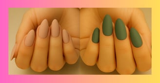 Dos manos exhibiendo uñas almendras, acabado sin brillo, atemporal, en color piel mate y verde mate.