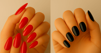 Una imagen dividida en dos. En una se ve manos con uñas rojas y en la otra una mano con uñas negra.