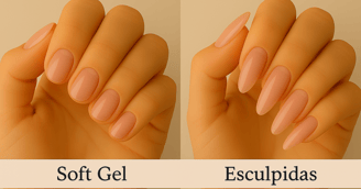 Una mano con uñas soft gel y la otra con uñas esculpidas