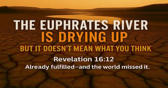 Dramatic photo of the Euphrates River dried up, with text about Revelation 16:12 and Bible prophecy fulfillment.