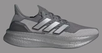 a close up of a grey and white adidas  running sneaker ultraboost 5