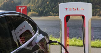 Tesla electric car, charging at a Tesla charging station