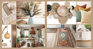 a collage of photos of a room with a rug and other bohemian style decor