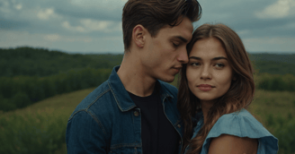 a man and woman standing in a field