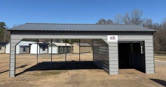 20x31x10 Combo Utility Shed with Carport — Metal roof, gray, black trim at Texarkana AR
