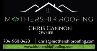 Mothership Roofing business card with owner name and contact info