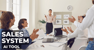 A woman standing and teaching about sales while her colleagues clapped hands