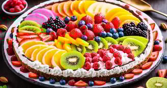 a cake with fruit on a plate with a knife and fork