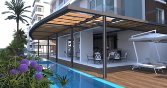 a large pool with a wooden deck and a patio area