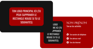 a red and black business card with white colored text