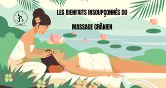 Illustration d'une femme pratiquant un massage crânien sur une cliente dans un cadre inspiré de Bali, entourée de végétation