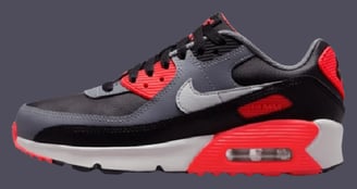 a pair of sneakers with red and white soles, Nike Air max 90