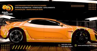 Banner da Estufa Originale com um carro esportivo com pintura laranja metálica, bastante reflexiva