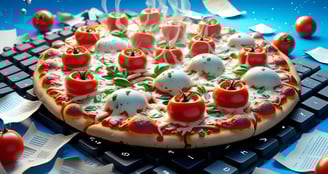 a pizza with tomatoes and cheese on a keyboard