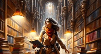 a woman in a trench coat is walking through a library