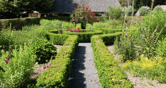 Boxwood hedges forming geometric patterns with gravel pathways and a central focal point