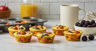 Egg white and veggie breakfast cups with spinach and tomatoes, served with coffee and blackberries.