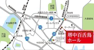 お坊さんの有無を選べる「自由な家族葬 千の風 堺中百舌鳥ホール」までの地図画像
