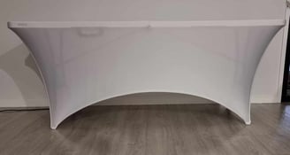 Lifetime 6ft folding table with white spandex cover, available for hire in Brisbane.