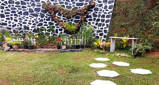 Pond and flower garden with bench at Nobel Bungalow Nuwara Eliya – peaceful outdoor space