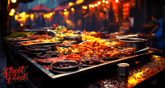 a street food table with different types of food