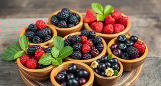 different wild berries in wooden bowls