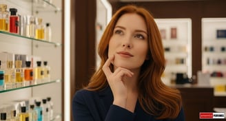 a woman in a blue jacket thinking about perfumes