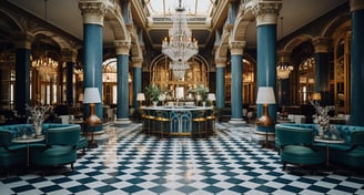 maximalist and classical decor of a hotel lounge in Madrid, Spain