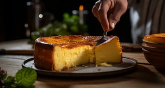 an authentic Basque cheesecake being sliced and served