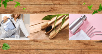 Wood background eco friendly bamboo toothbrushes, reusable drink container lady pouring filter water