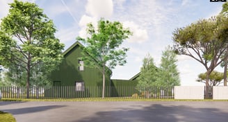 Šiuolaikinės architektūros namas su šlaitiniu stogu ir termo medienos fasadu