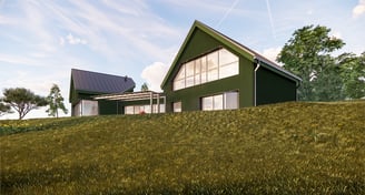 Modernus žalias gyvenamasis namas ant kalvos su didelėmis vitrinomis